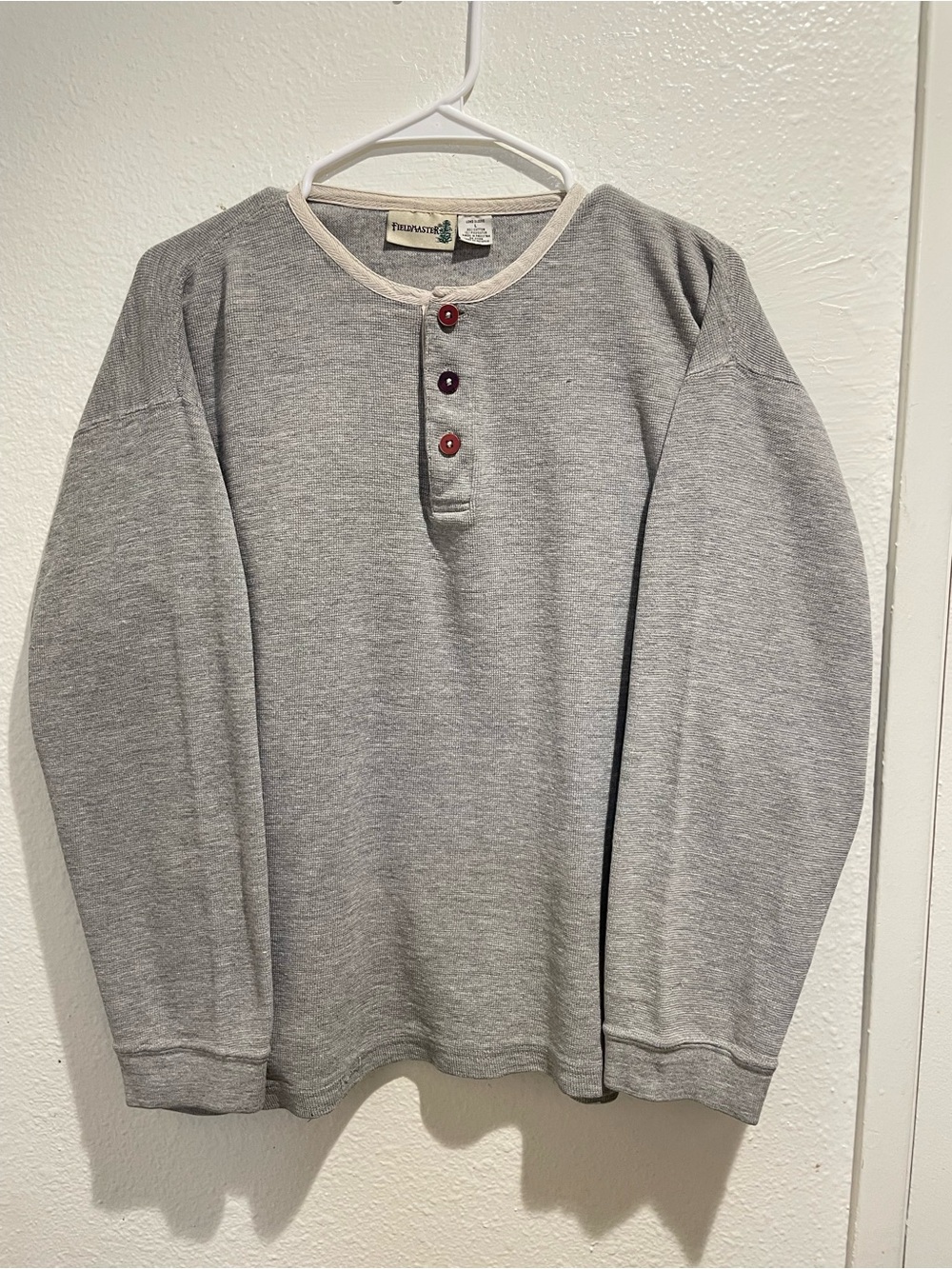 Vintage Fieldmaster Gray Henley Sweater Men's L Contrast Trim Ribbed Knit
